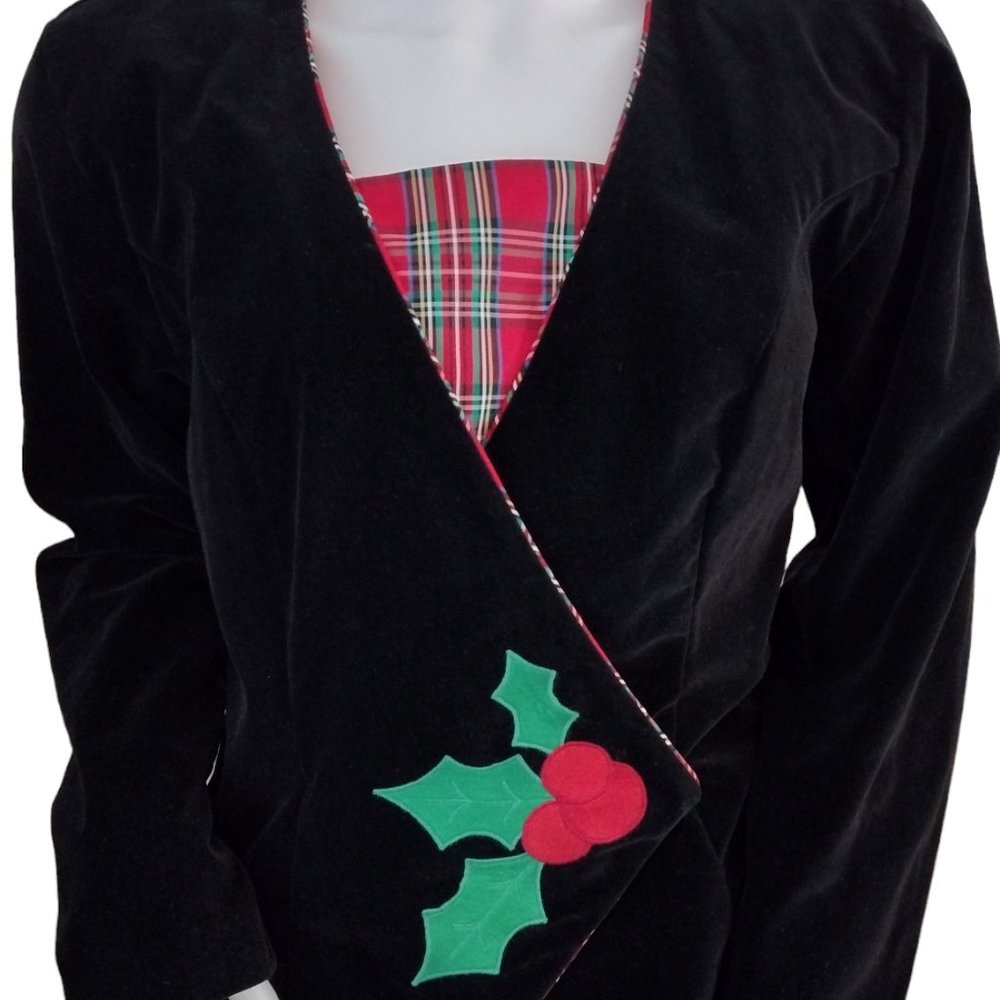 80s Does 40s Style Cotton Velvet / Velveteen Holly Applique Blazer - Picture 2 of 13